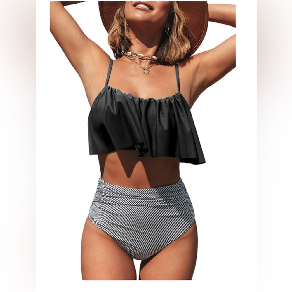 Cupshe High Waisted Striped Bottom Black Ruffle Top Bikini - Size XXL